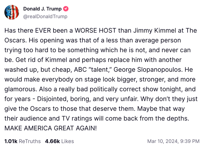 Trump llamó a Jimmy Kimmel "el peor animador de los Oscar