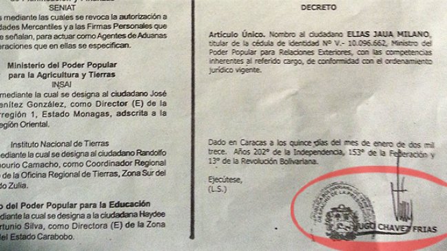 Gobierno mostró decreto firmado por Chávez donde designa a nuevo canciller venezolano