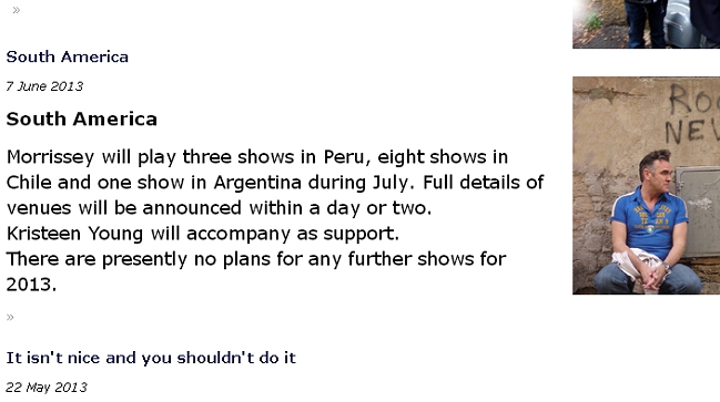 Sitio publicó que Morrissey hará ocho conciertos en Chile