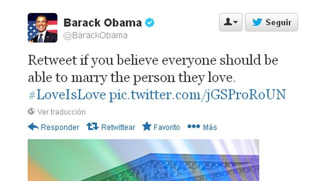 Festejo de Obama por fallo sobre matrimonio homosexual tuvo más de 50 mil retuiteos
