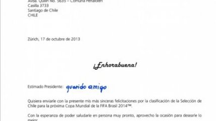 Presidente de la FIFA felicitó a Chile por su clasificación a Brasil 2014
