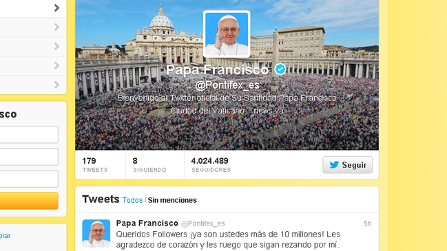 El papa alcanzó los 10 millones de seguidores en Twitter