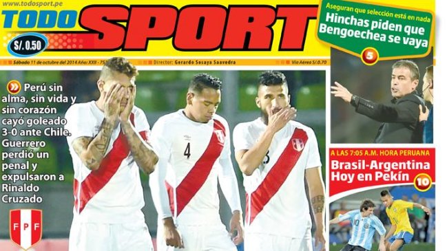 Prensa peruana lamentó la derrota de su selección ante Chile en Valparaíso