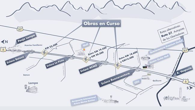 Fin de año: Concesionaria recomendó usar Ruta 57 por trabajos en la 5 Norte
