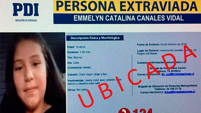 PDI confirma hallazgo de Emmelyn con vida en Licantén