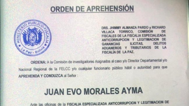 Fiscalía boliviana emite orden de detención contra Evo Morales