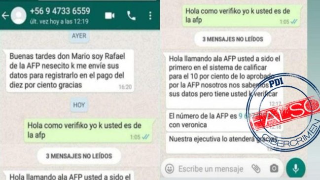 PDI alertó por nueva estafa en Whatsapp: Engañan con el retiro del 10% de las AFP