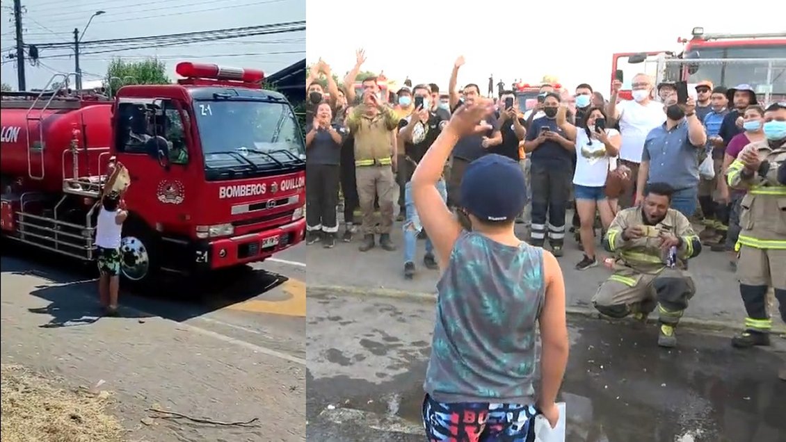 Quillón: Homenajean a niño que paró un carro de Bomberos para regalar botellas de agua