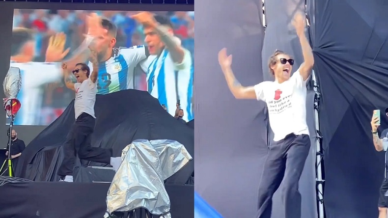 Un hincha más: Harry Styles celebró en el escenario el triunfo de Argentina en el Mundial