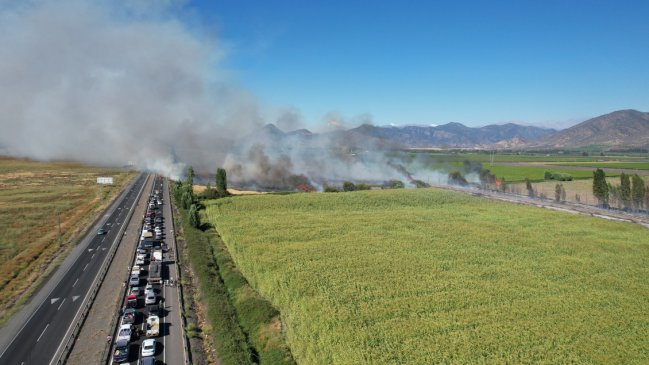Incendio a un costado de la Ruta 5 Sur obliga a cortar la vía cerca de Pelequén