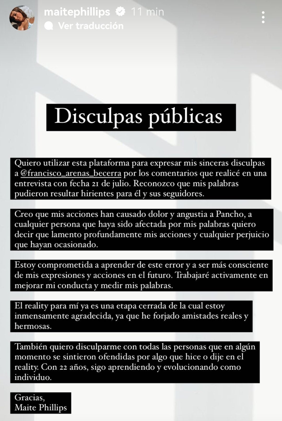 Las disculpas de Maite Phillips