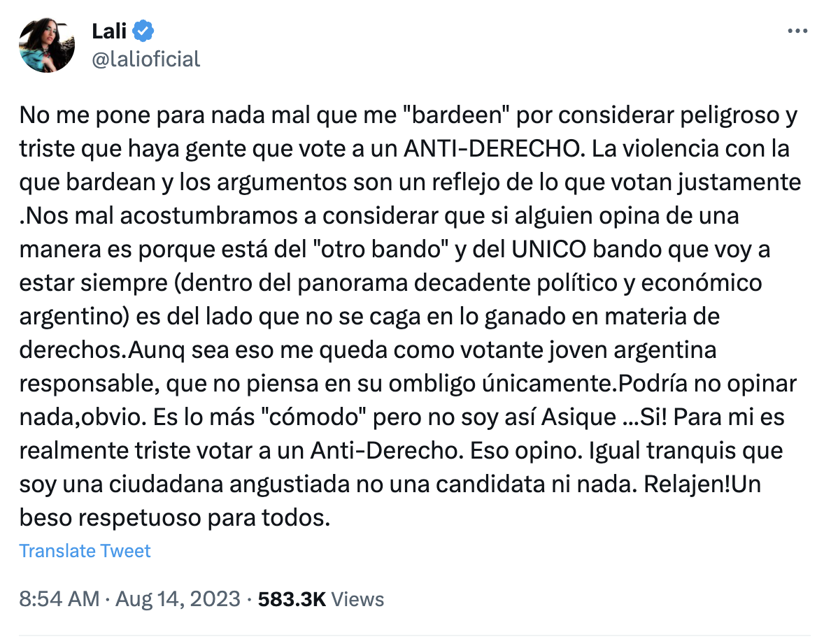 Lali cargó contra Javier Milei