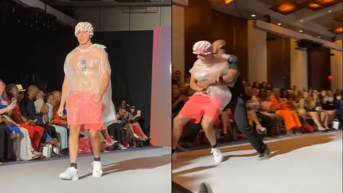 Intruso se coló en desfile de moda en Nueva York: Usó un gorro de ducha y una bolsa plástica