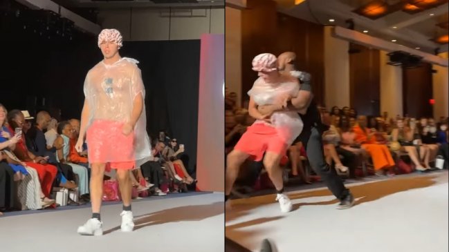 Intruso se coló en desfile de moda en Nueva York: Usó un gorro de ducha y una bolsa plástica