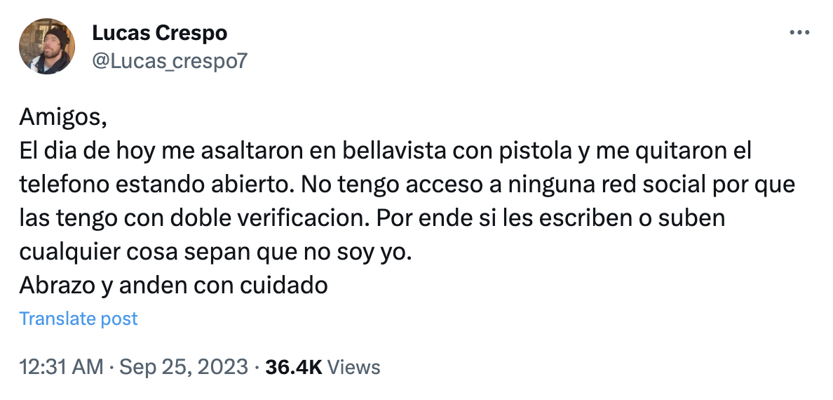 Lucas Crespo asalto Lucas Crespo en Twitter