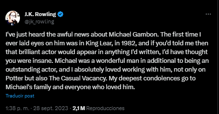 J.K. Rowling dedicó unas palabras a Michael Gambon J.K. Rowling dedicó unas palabras a Michael Gambon