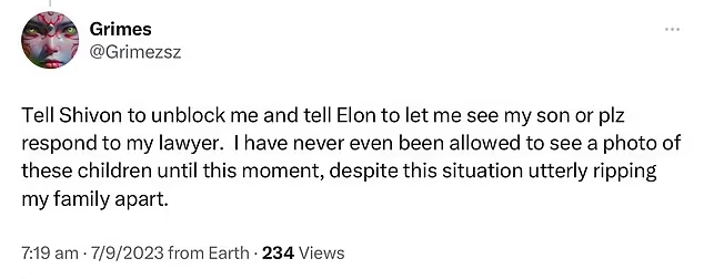A través de Twitter, Grimes pidió a Elon Musk ver a su hijo mayor