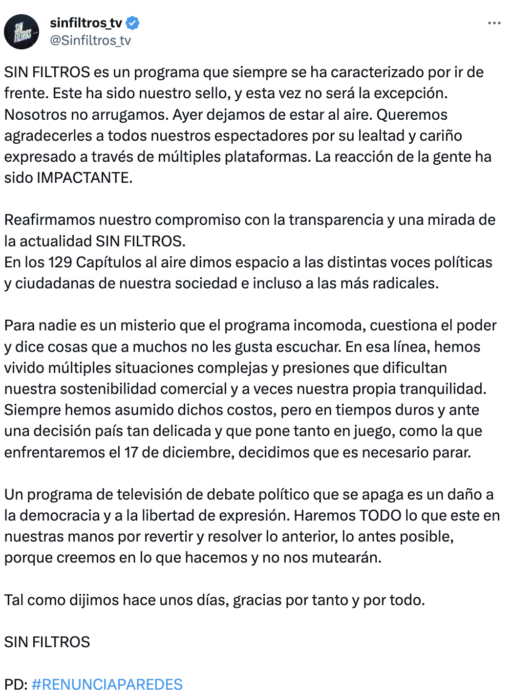 Sin Filtros comunicado final Comunicado de Sin Filtros