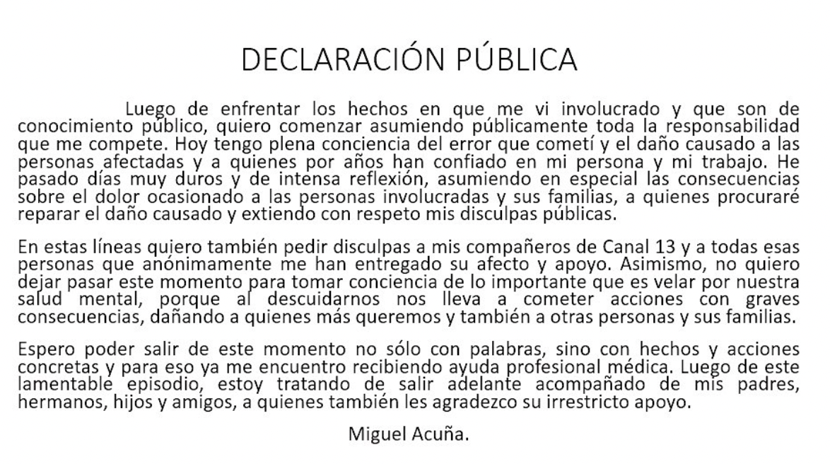 Miguel Acuña accidente Declaración de Miguel Acuña