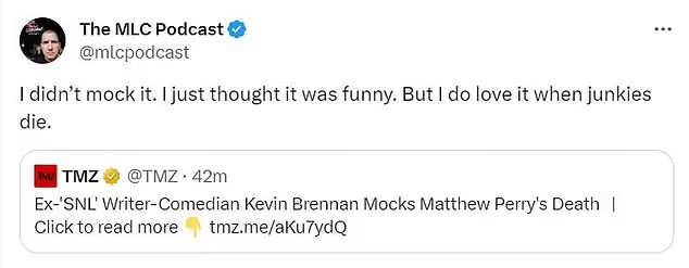 Comediante Kevin Brennan se burló de la muerte de Matthew Perry Comediante Kevin Brennan se burló de la muerte de Matthew Perry