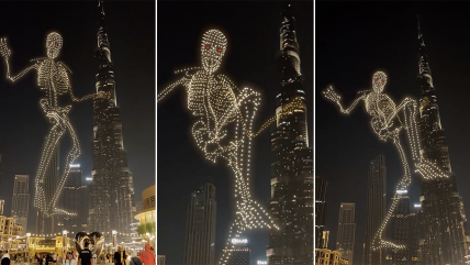   Halloween: Enorme esqueleto a base de drones deslumbró junto a rascacielos de Dubái 