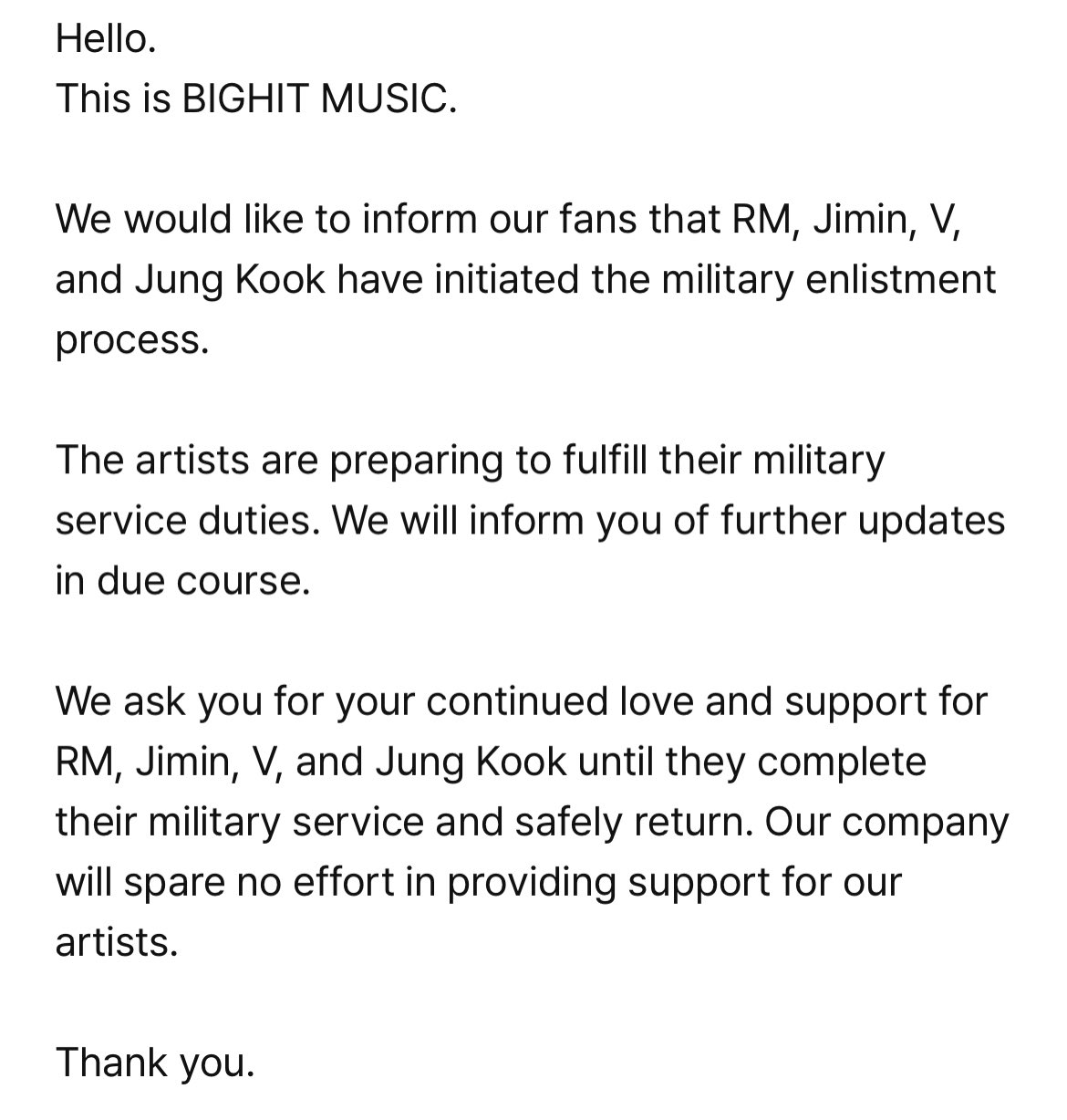 BTS confirma que RM, Jimin, V y Jungkook se preparan para entrar al servicio militar