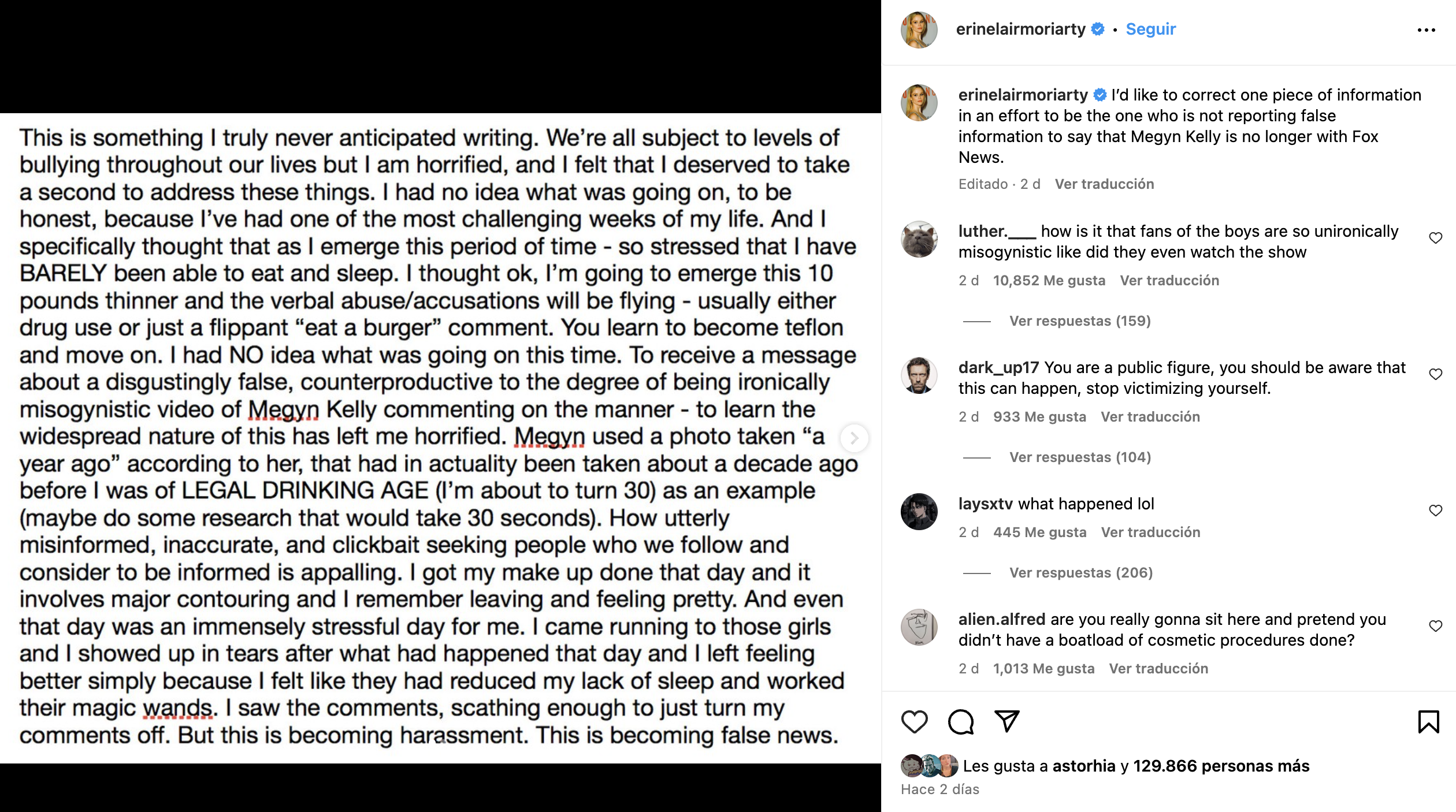 Erin Moriarty se va de Instagram Comunicado de Erin Moriarty