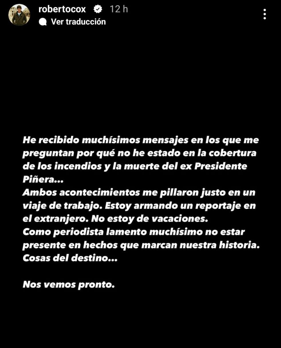 Roberto Cox contó en Instagram por qué no ha estado en la cobertura de la muerte de Sebastián Piñera La explicación de Roberto Cox: No ha aparecido en TV