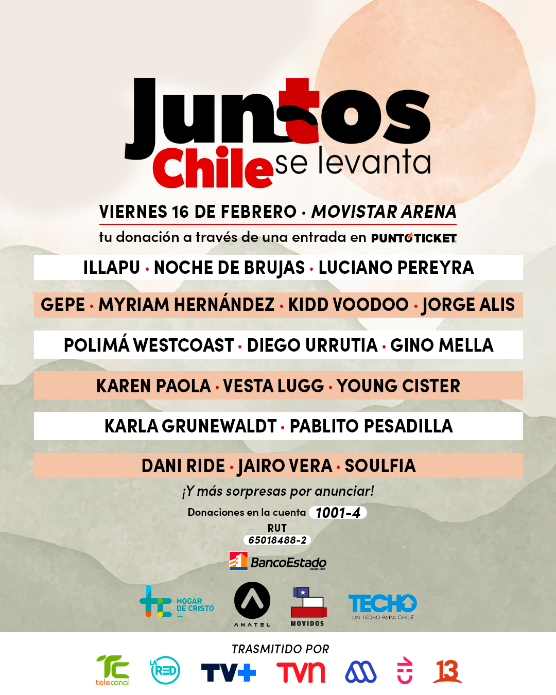 evento juntos chile se levanta movistar el cartel de artistas del evento en movistar arena para ayudar a damnificados de incendios