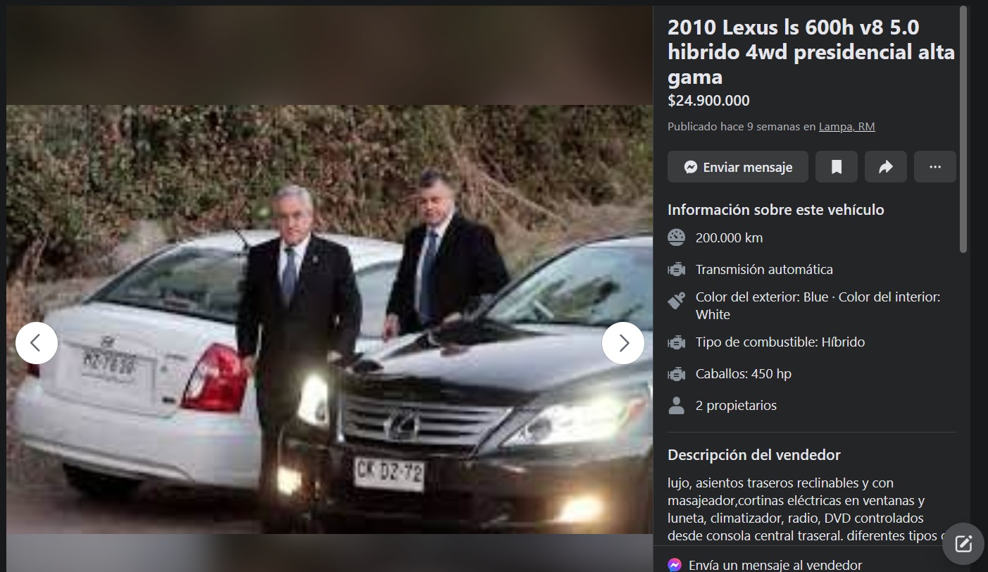 Venden el Lexus presidencial de Sebastián Piñera Sebastián Piñera en el Lexus, que hoy está a la venta