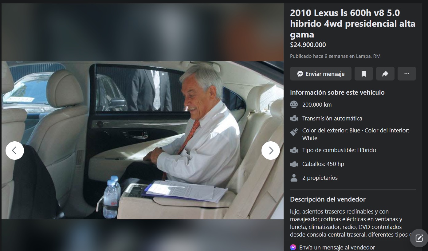 Sebastián Piñera en el Lexus, que hoy está a la venta Sebastián Piñera en Lexus