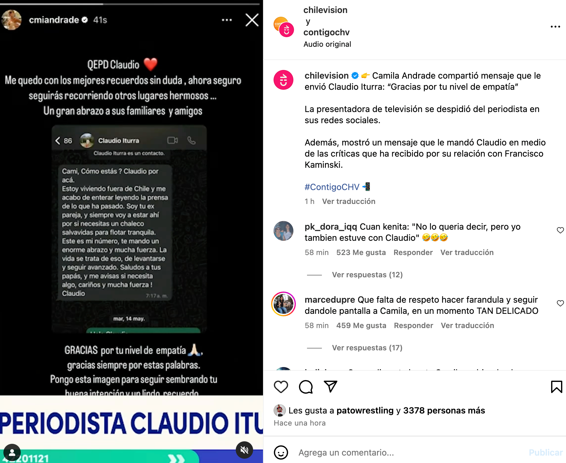 Mensaje de Claudio Iturra a Camila Andrade