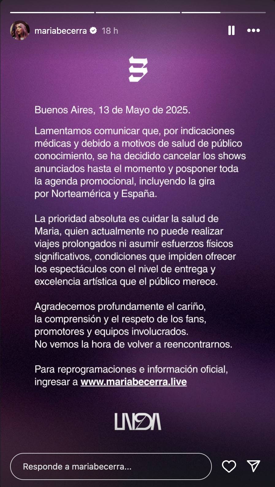 María Becerra suspendió su gira tras sufrir segundo embarazo ectópico María Becerra suspendió su gira tras sufrir segundo embarazo ectópico