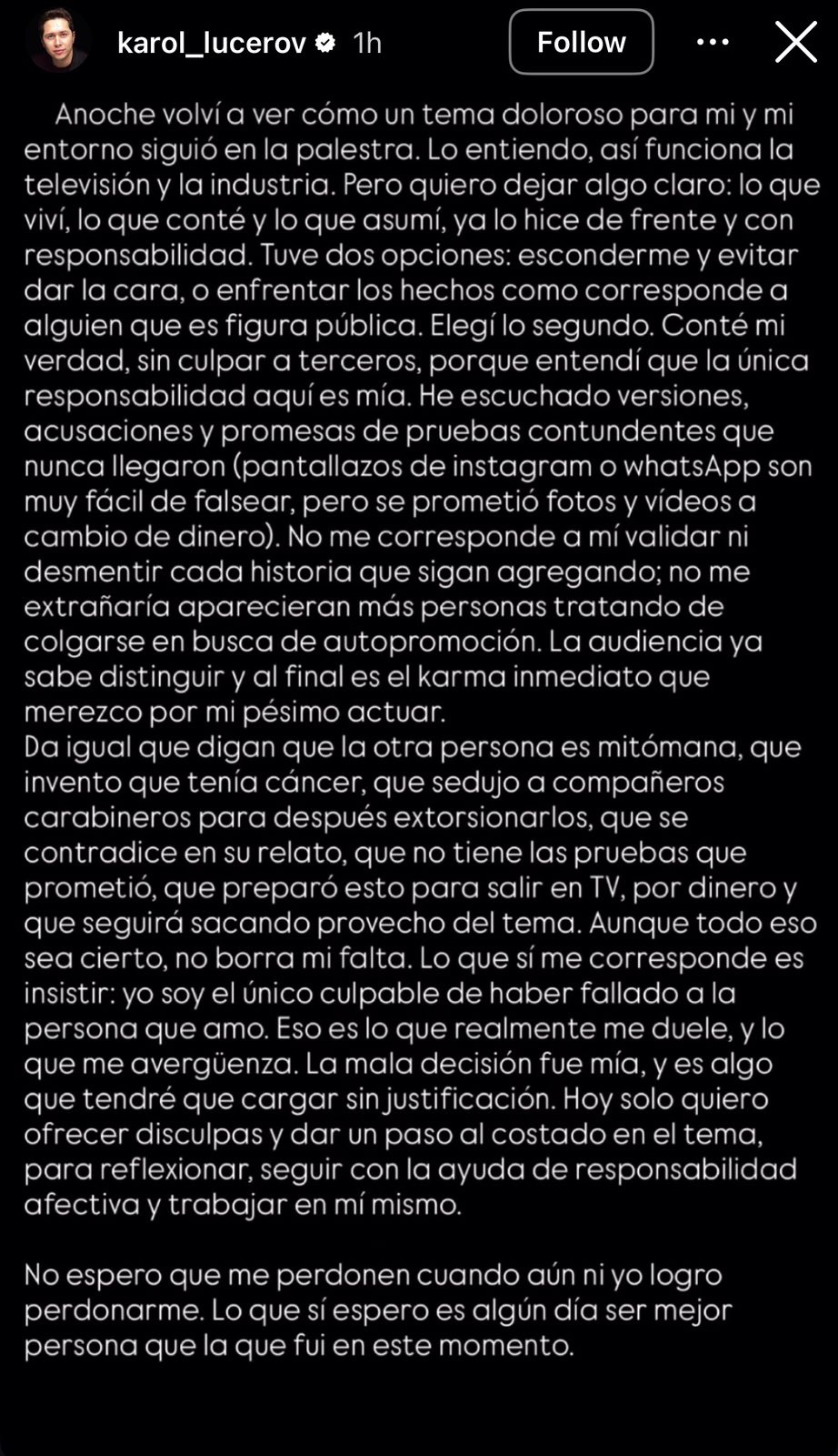 Karol Lucero hizo un "mea culpa" tras episodio de infidelidad Karol Lucero hizo un "mea culpa" tras episodio de infidelidad