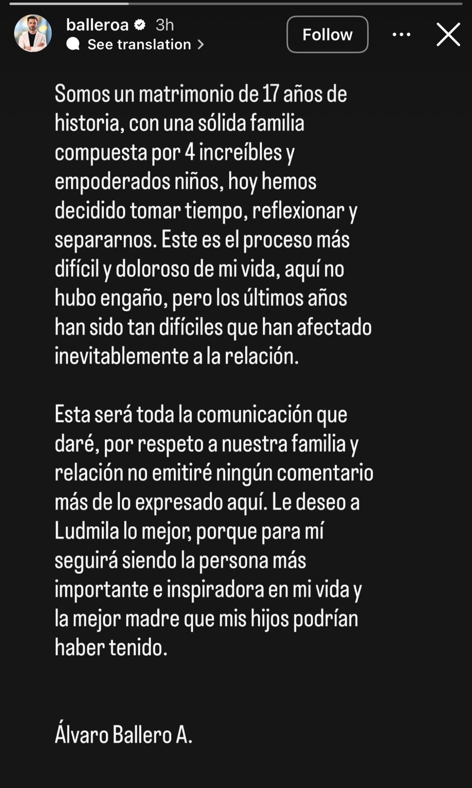 Álvaro Ballero confirmó el fin de su matrimonio tras 17 años