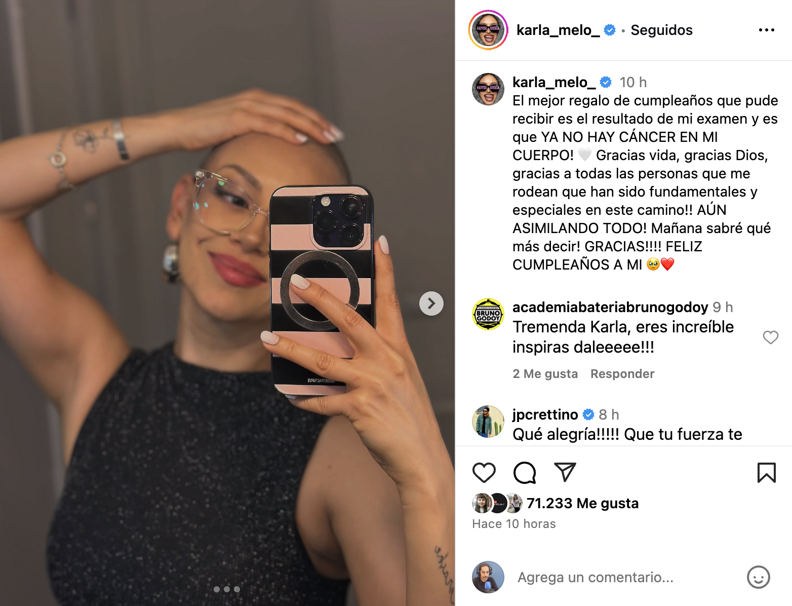 Karla Melo anuncia mejoría de su cáncer