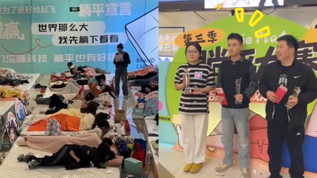 Personas acostadas en colchones para participar del concurso del 