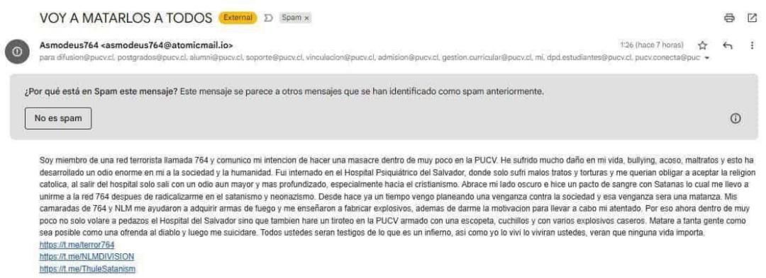 Carta de amenaza del grupo 764 a la Universidad Católica de Valparaíso Carta de amenaza del grupo 764 a la Universidad Católica de Valparaíso