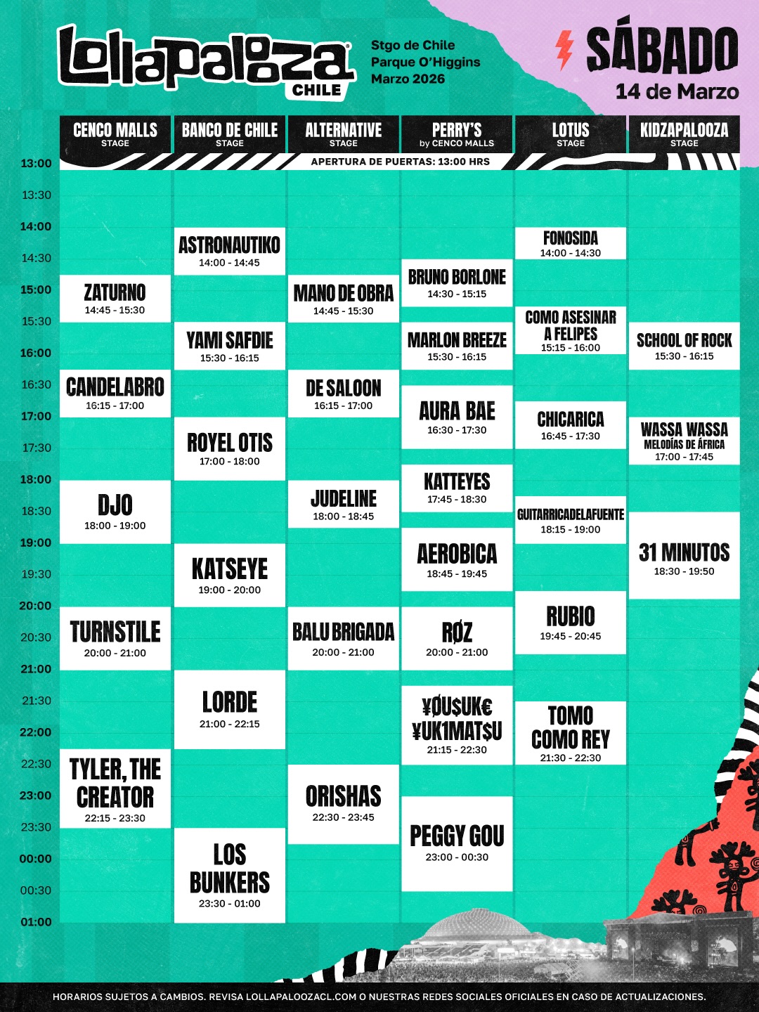 Lollapalooza Chile 2026: Estos son los horarios del día sábado