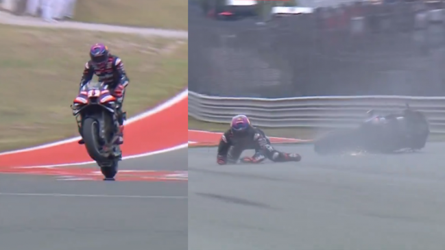 [VIDEO] MotoGP: La aparatosa caída de Jorge Martín al celebrar el sprint en Austin