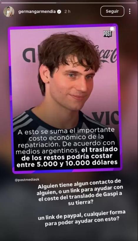 Germán Garmendia ofreció ayuda para repatriar los restos de Gaspi
