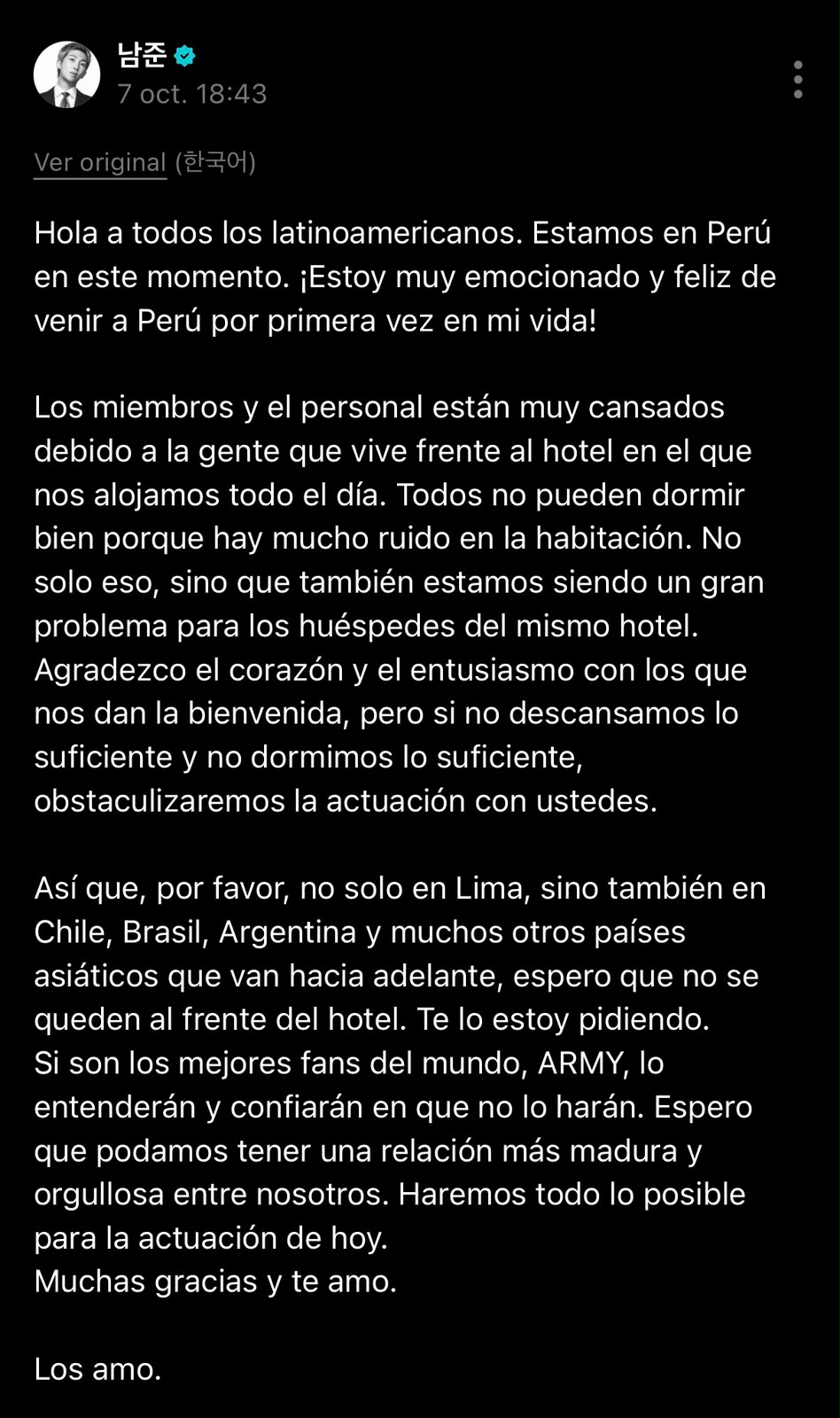 RM de BTS pidió a ARMY no esperar al grupo fuera del hotel RM de BTS pidió a ARMY no esperar al grupo fuera del hotel